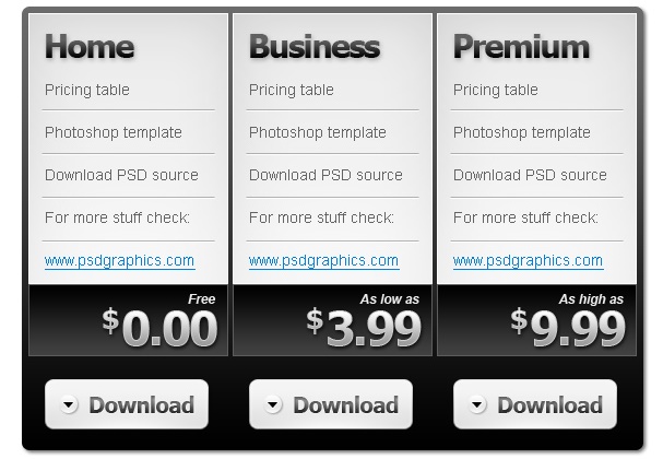 Black and White Pricing Table PSD Template